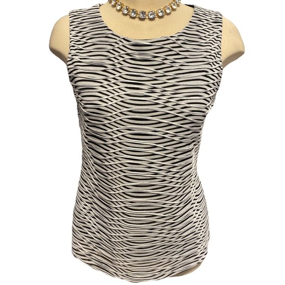 CALVIN KLEIN Sleeveless Top Sz M B&W Stripes Fully Lined Office - Picture 1 of 12